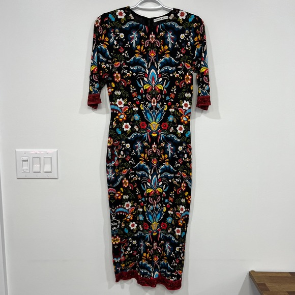 Alice + Olivia Womens Delora Dress 8 Fitted Crewneck Midi Multicolor Stretch - Picture 2 of 8